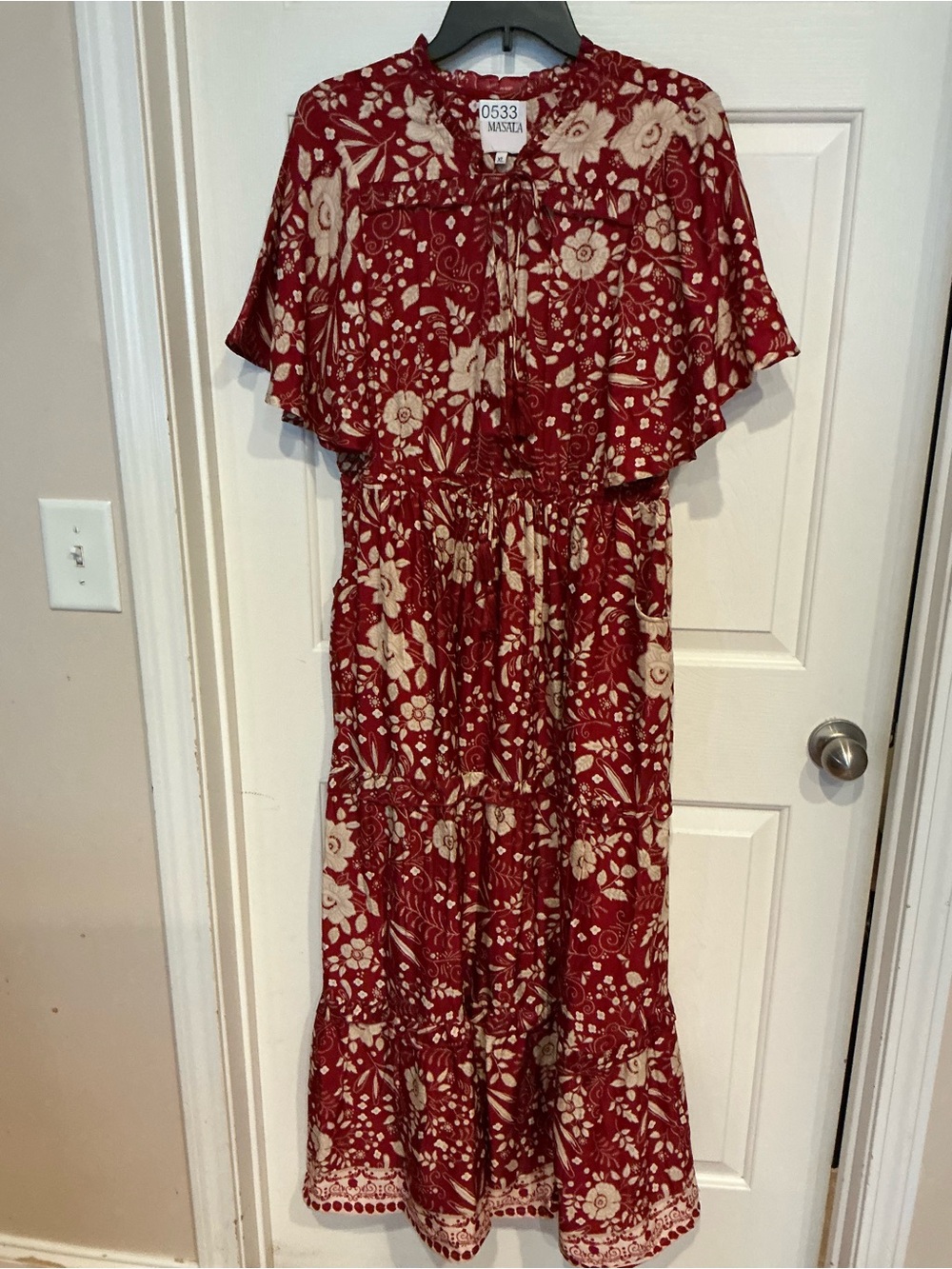 Maxi Dress with Tie Neck and Flutter Sleeves - Red & Cream